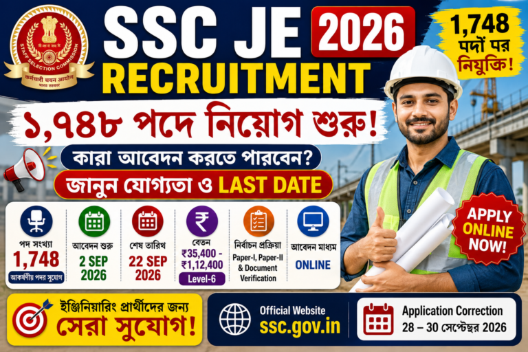 SSC JE Recruitment 2026 1748 পদে নিয়োগ
